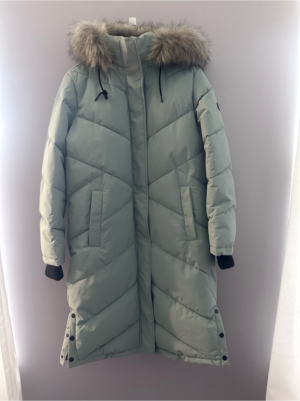 Roxy Long Sage Green Puffer Coat with Faux Fur Hood